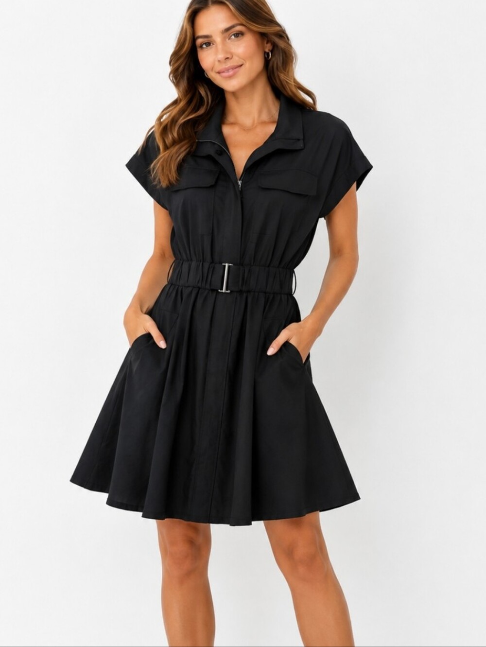 Kenneth Cole New York ~Woman Size 6~ Black Short Sleeve Belted Dress Zip Front.